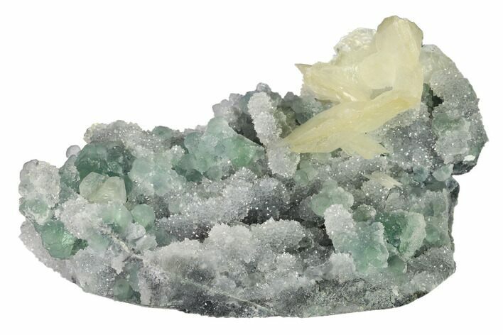 Green Fluorite and Yellow Calcite on Quartz - Fluorescent! #163555